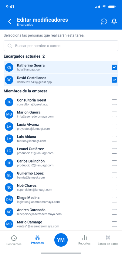 Edición móvil de encargados en GEEST